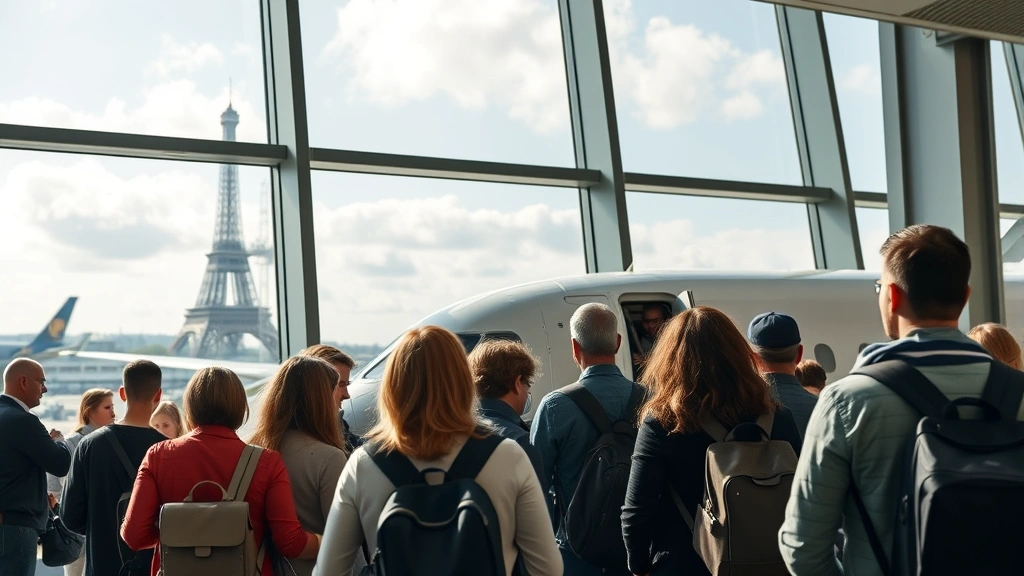 Diverse group of travelers boarding modern aircraft at gate with Eiffel Tower visible through airport window, natural daylight, realistic airport environment