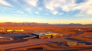 Aerial view of Ontario International Airport terminal with desert landscape and California mountains in background during golden hour sunset