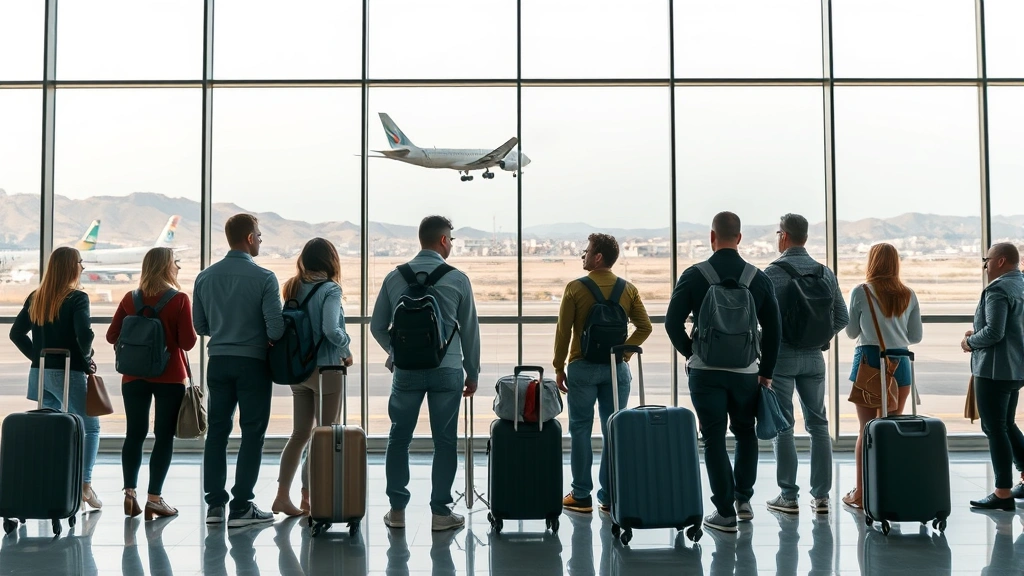 Diverse group of travelers with luggage standing in modern airport terminal with large windows showing aircraft taking off toward desert horizon