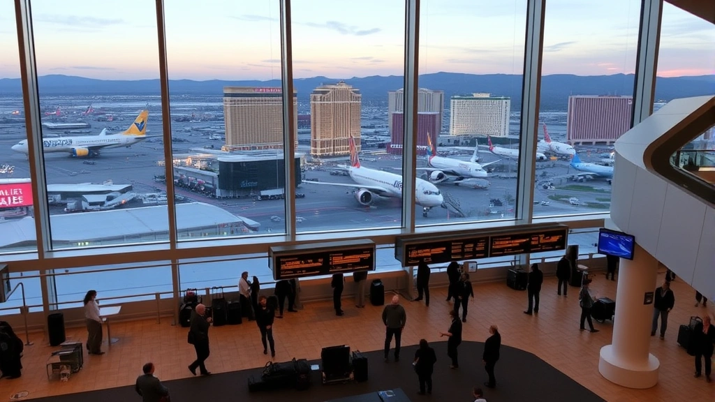 Harry Reid International Airport Las Vegas with iconic Strip hotels visible in distance, modern terminal interior with travelers checking in
