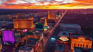 Aerial view of Las Vegas Strip with bright colorful casino lights and desert landscape at sunset, realistic photography, vibrant neon glow reflecting off buildings