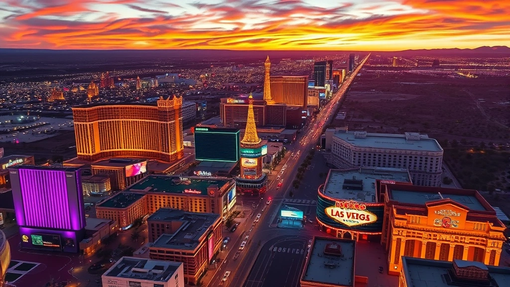 Aerial view of Las Vegas Strip with bright colorful casino lights and desert landscape at sunset, realistic photography, vibrant neon glow reflecting off buildings