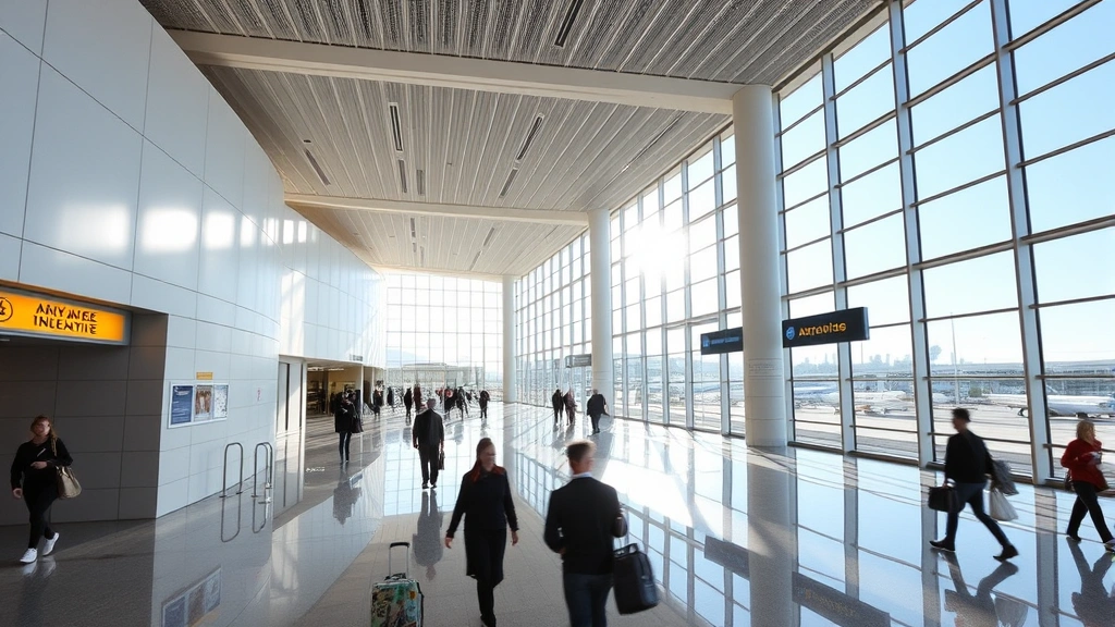 Ontario International Airport modern terminal interior with passengers walking through corridor, natural daylight streaming through large windows, contemporary architecture