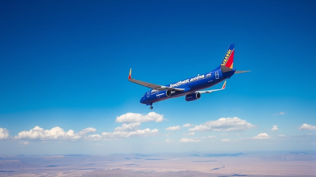 Southwest Airlines airplane in flight against blue sky with white clouds, desert terrain visible below, commercial aircraft side profile