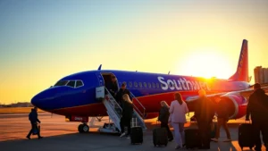 Passengers boarding Southwest airplane on tarmac at sunset, warm golden light, modern aircraft, excited travelers with luggage, bright blue sky, realistic travel photography