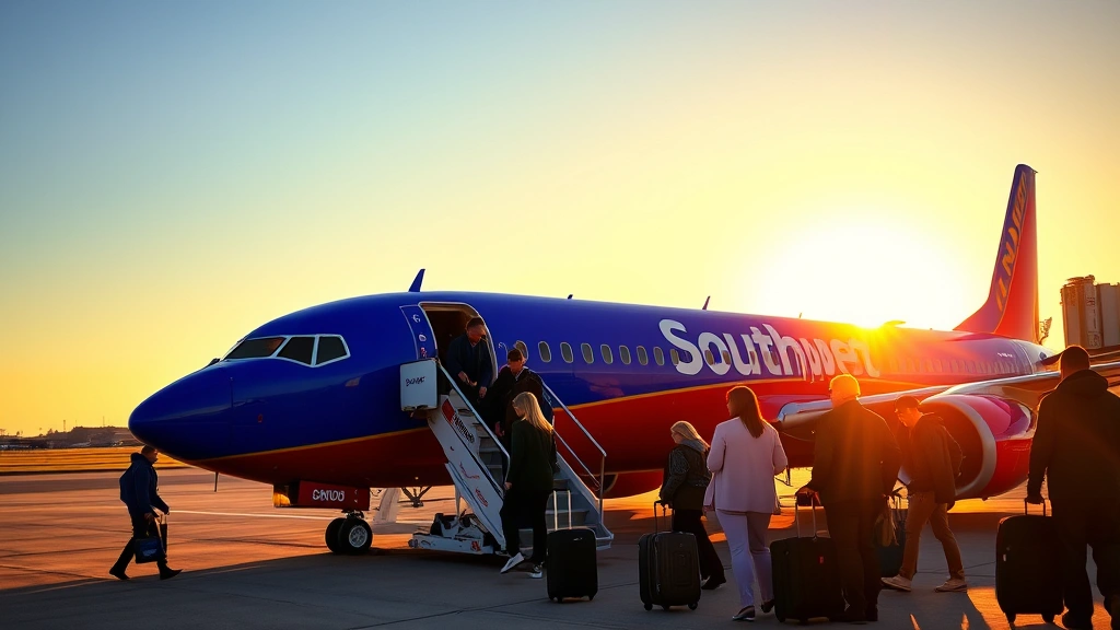 Passengers boarding Southwest airplane on tarmac at sunset, warm golden light, modern aircraft, excited travelers with luggage, bright blue sky, realistic travel photography