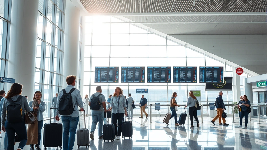 Modern airport terminal departure lounge with travelers checking flight boards, natural window light, contemporary architecture, diverse passengers with carry-on luggage, professional travel environment