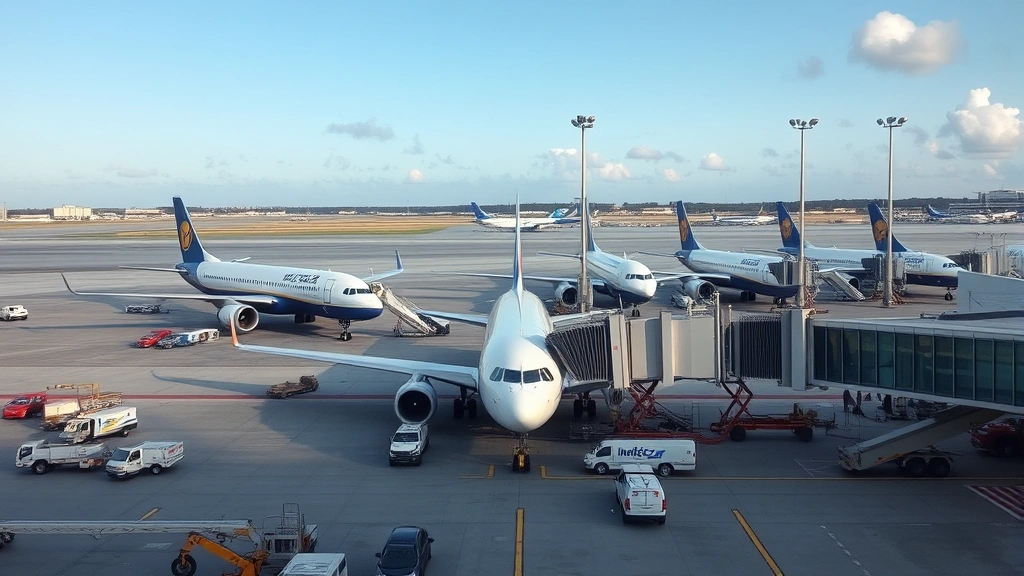 Commercial aircraft parked at multiple gates at busy airport terminal with ground support equipment and tarmac activity, Southeast airport hub during daytime operations