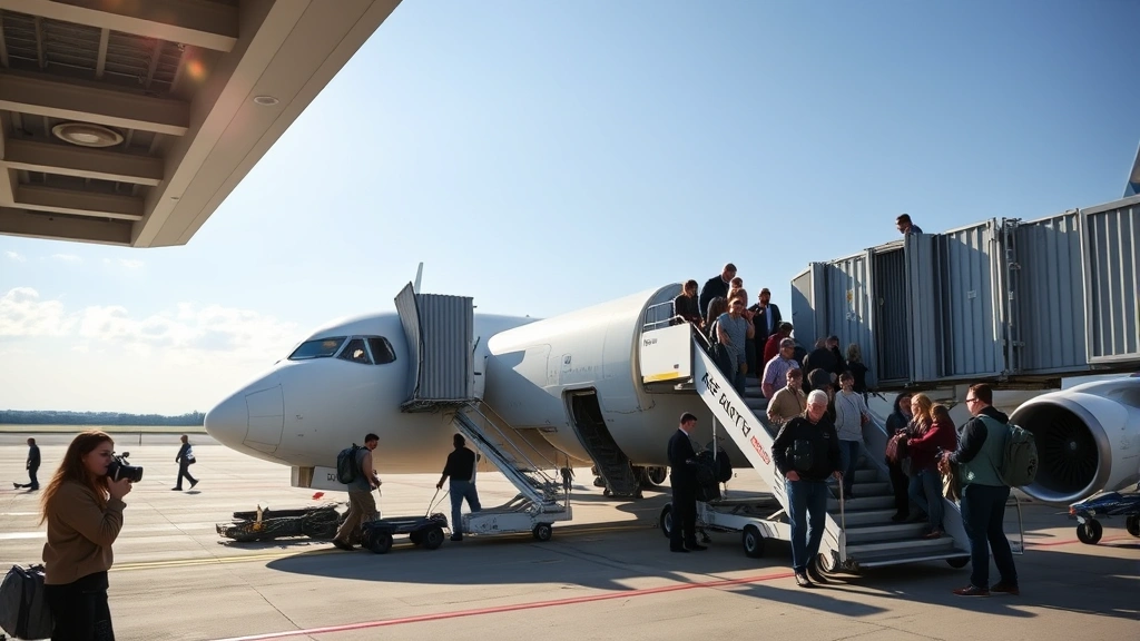 Passengers boarding commercial aircraft at airport gate with jet bridge connection, ground crew preparing aircraft for departure, boarding process in progress