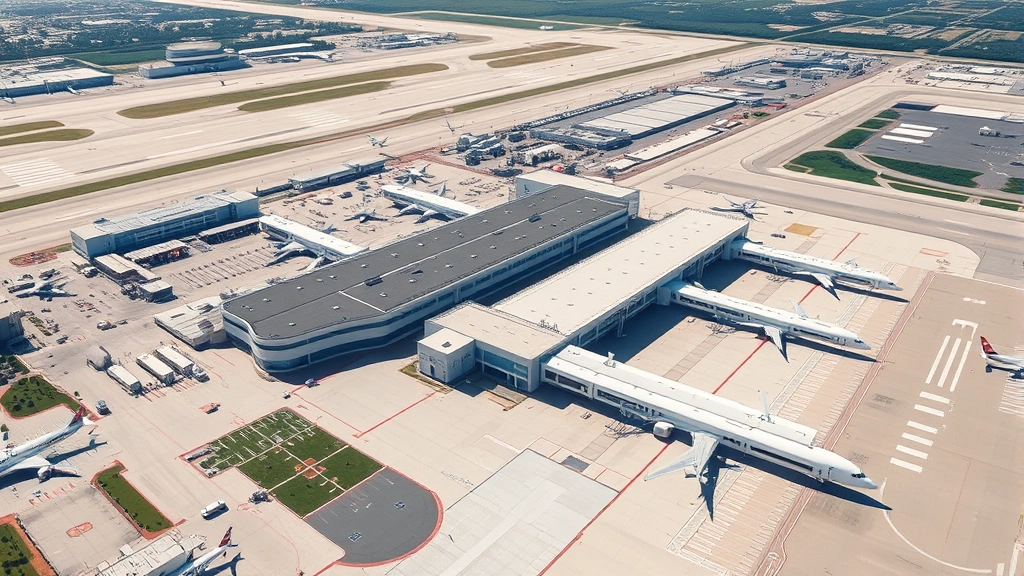 Photorealistic aerial view of Orlando International Airport (MCO) terminal buildings and aircraft gates from above, showing runway infrastructure and tarmac activity, bright daylight, clear weather, professional aviation photography