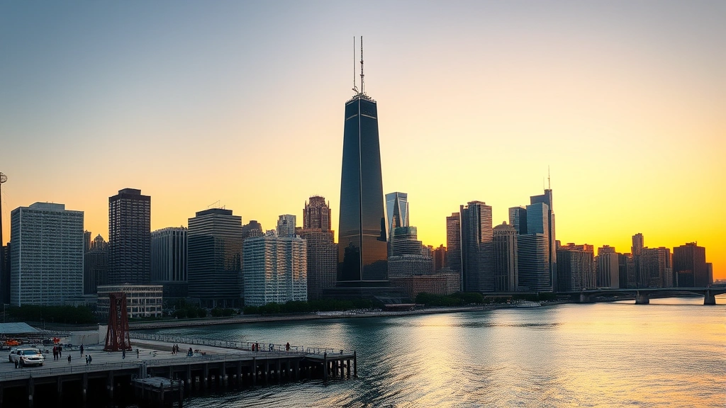 Photorealistic photograph of Chicago waterfront skyline featuring Willis Tower and Lake Michigan during golden hour sunset, architectural landmarks reflected in water, urban landscape, vibrant city atmosphere, no signage or text