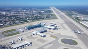 Aerial view of Orlando International Airport (MCO) with multiple aircraft parked at gates, terminal buildings, and runway visible from above during daytime with clear blue sky