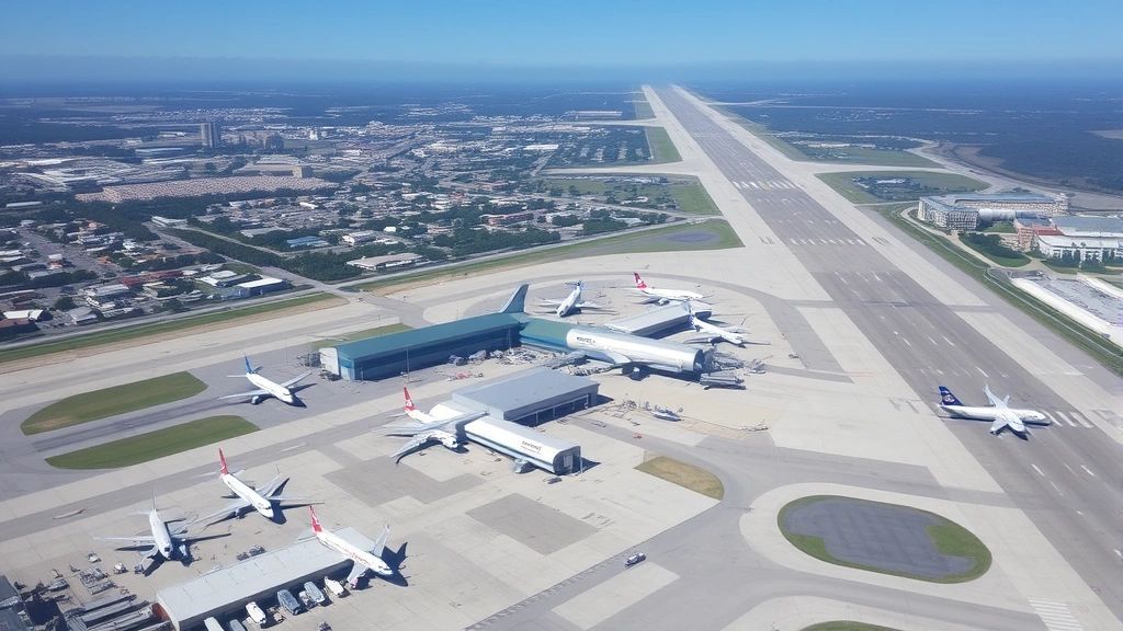 Aerial view of Orlando International Airport (MCO) with multiple aircraft parked at gates, terminal buildings, and runway visible from above during daytime with clear blue sky