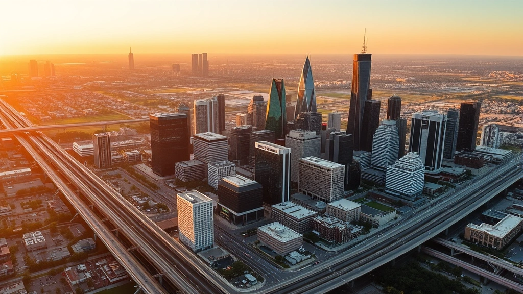 Aerial view of Houston skyline with modern high-rise buildings and highways during golden hour sunset, showing urban landscape and development patterns