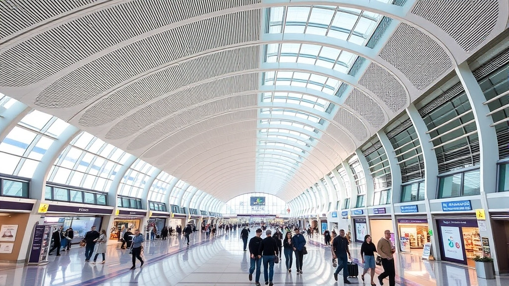 Modern airport terminal interior with curved architecture, natural lighting, and travelers walking through spacious corridors with signage and retail areas