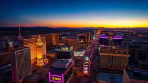 Aerial view of Las Vegas Strip at sunset with colorful casino lights reflecting off glass buildings, desert landscape in background