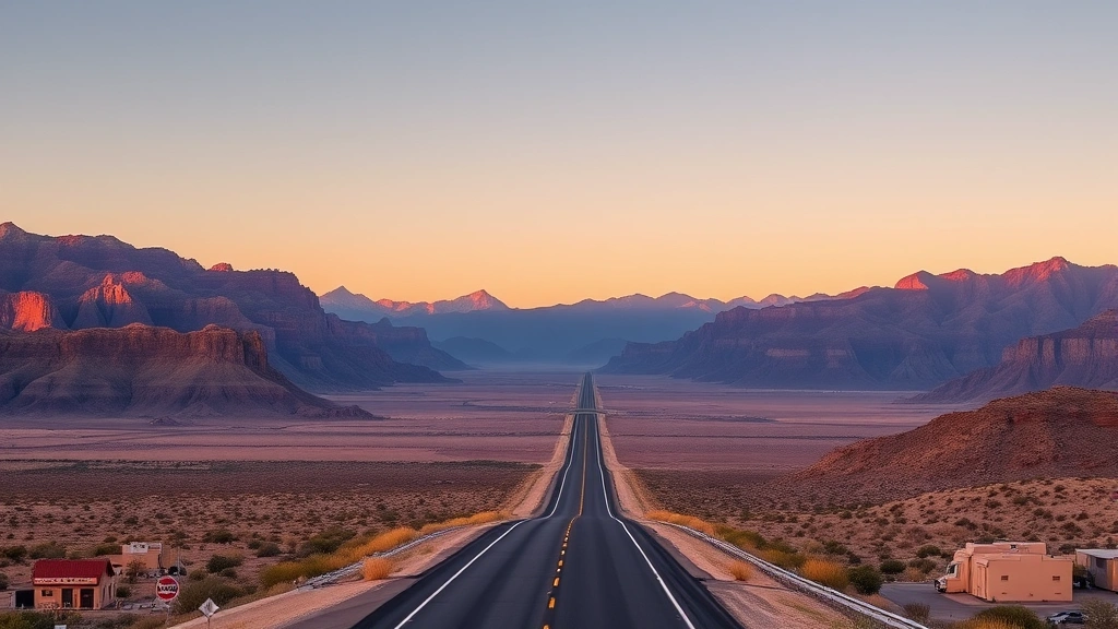 Scenic desert landscape between Portland and Las Vegas showing vast mountain ranges and highway stretching toward horizon at golden hour
