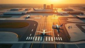 Aerial view of Philadelphia International Airport runway with planes taxiing, early morning golden light, modern terminal buildings visible in background, photorealistic
