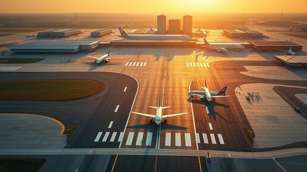 Aerial view of Philadelphia International Airport runway with planes taxiing, early morning golden light, modern terminal buildings visible in background, photorealistic