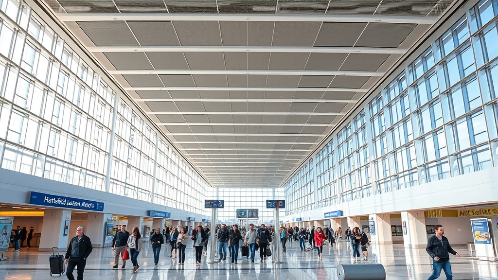 Hartsfield-Jackson Atlanta airport interior modern terminal, passengers walking through bright concourse with natural light, sleek design, bustling but organized, photorealistic