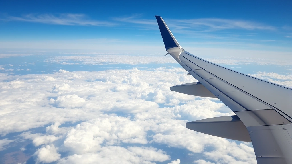 Airplane wing view during flight between Philadelphia and Atlanta, puffy white clouds below, bright sunny day, scenic aerial landscape, photorealistic