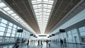Wide-angle shot of Philadelphia International Airport departure hall with modern architecture, natural lighting from skylights, travelers with luggage moving through spacious terminal, minimalist contemporary design aesthetic, no visible text or signage