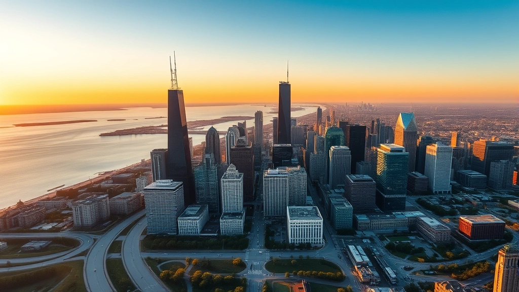 Aerial view of downtown Chicago skyline during golden hour with Lake Michigan reflecting sunset, architectural landmarks including Willis Tower visible, vibrant cityscape with rivers and parks, no text or identifying markers