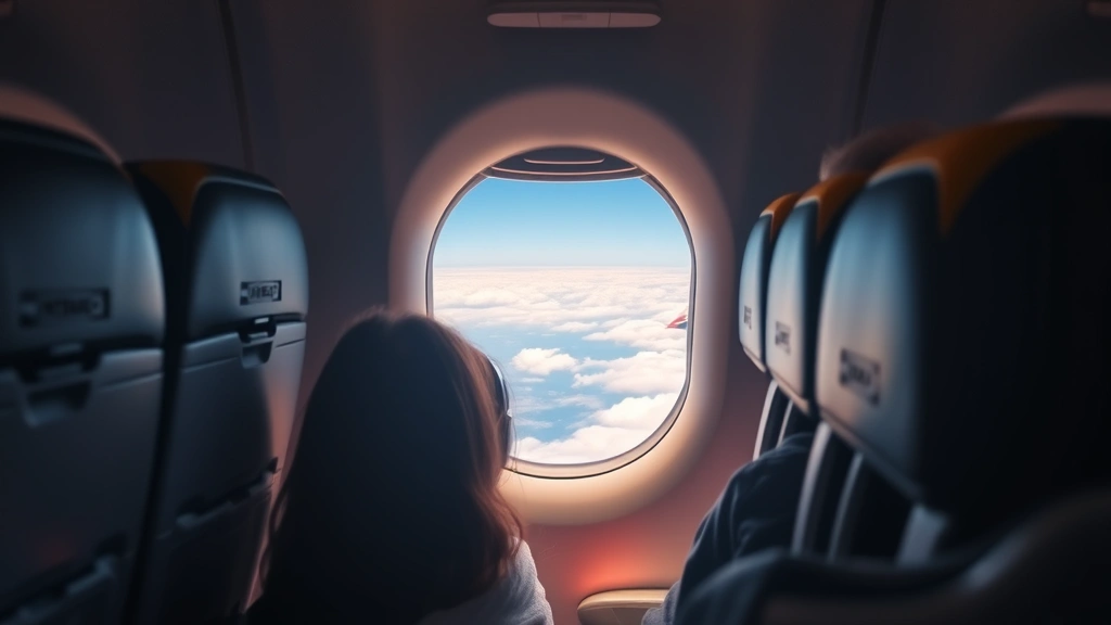 Interior cabin view of commercial aircraft during flight with passengers in economy seats, window view showing clouds and distant landscape, warm cabin lighting, realistic travel experience, no visible seat numbers or airline branding