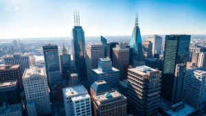 Aerial view of Philadelphia skyline with modern skyscrapers reflecting sunlight, clear blue sky, professional photography, daytime, wide landscape perspective