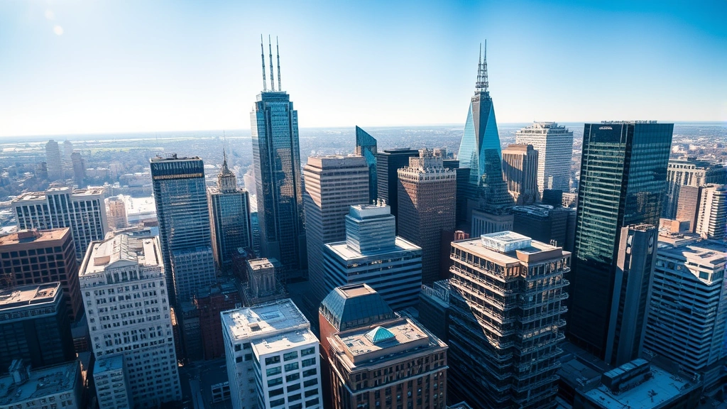 Aerial view of Philadelphia skyline with modern skyscrapers reflecting sunlight, clear blue sky, professional photography, daytime, wide landscape perspective