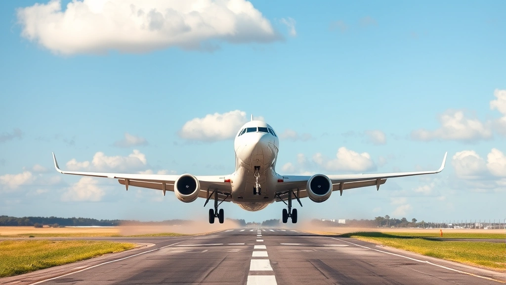 Commercial airplane taking off from runway with clear skies and clouds, aircraft banking turn, dynamic motion capture, professional aviation photography, natural lighting
