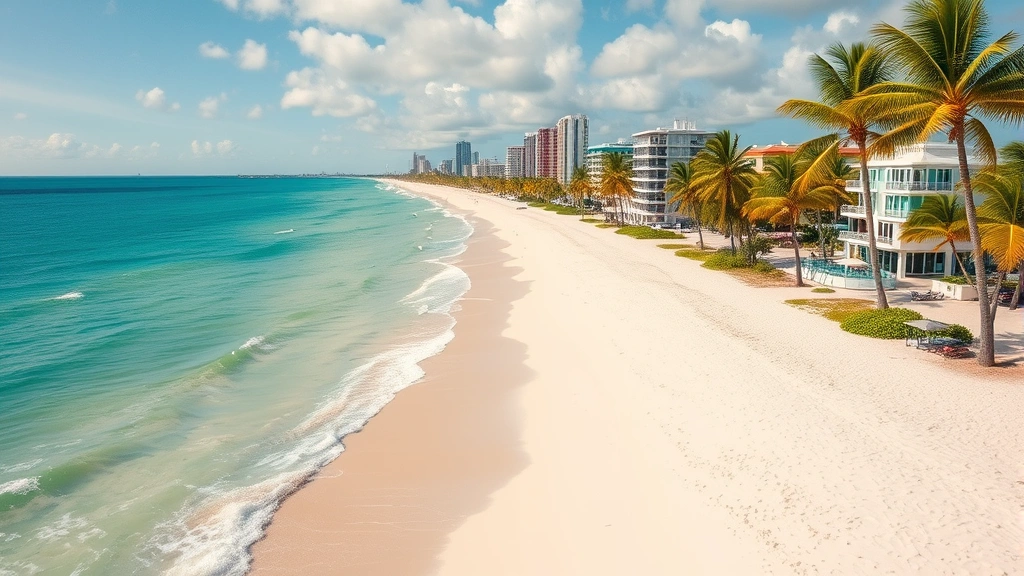 Miami beach coastline with turquoise water, white sandy beach, palm trees, colorful art deco buildings in background, tropical paradise, bright sunny day, aerial or elevated perspective