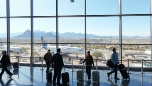 Phoenix Sky Harbor International Airport modern terminal interior with Arizona desert landscape visible through large windows, bright natural light, travelers with luggage