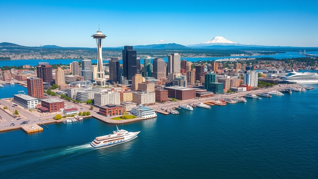 Aerial view of Seattle waterfront with Puget Sound, Space Needle in distance, ferries crossing water, Mount Rainier snow-capped in background on clear sunny day
