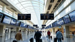 Phoenix Sky Harbor International Airport terminal with modern architecture, departure boards showing flights, passengers with luggage walking through bright hallway with natural light