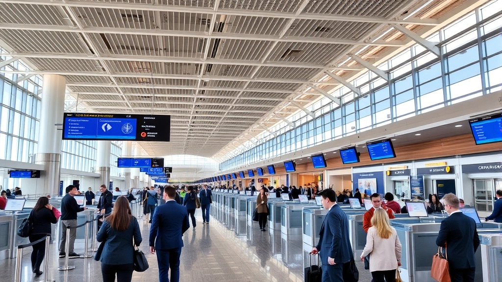 Chicago O'Hare International Airport interior with multiple airline check-in counters, travelers in business casual attire, modern airport infrastructure with high ceilings