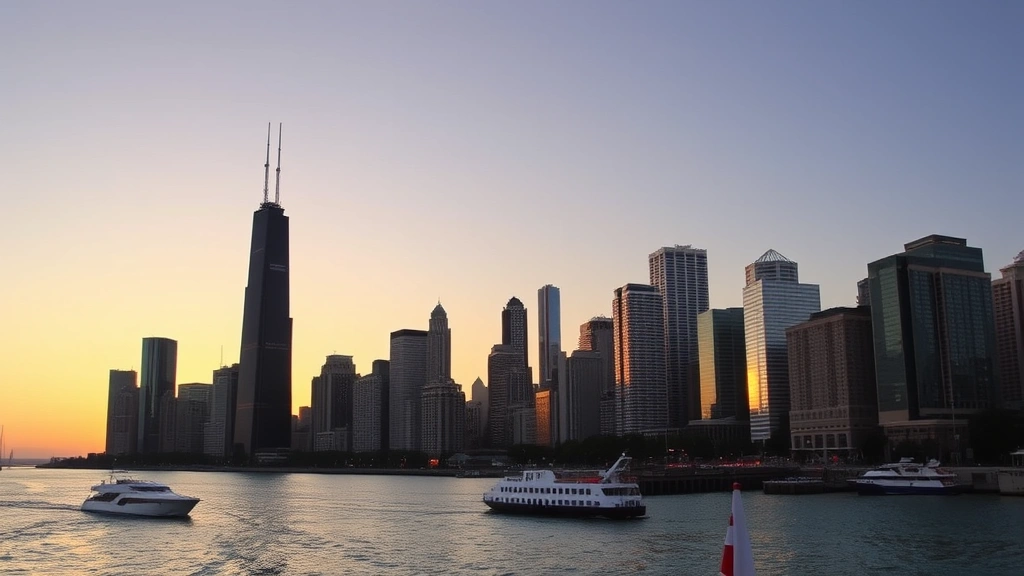 Chicago downtown skyline featuring Willis Tower and Lake Michigan waterfront, golden hour sunset lighting, urban landscape with boats on water and city architecture