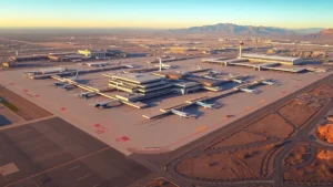 Aerial view of Phoenix Sky Harbor International Airport with modern terminals and multiple aircraft gates, desert landscape visible below, golden hour sunlight, professional aviation photography, no text or signage visible
