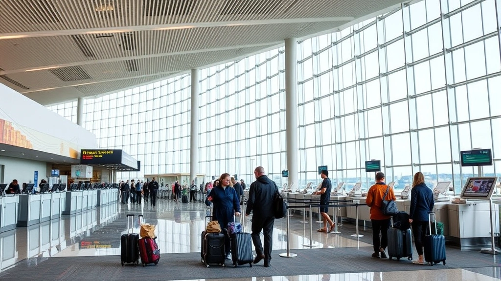 Pittsburgh International Airport modern terminal interior with check-in counters and travelers with luggage preparing for flights