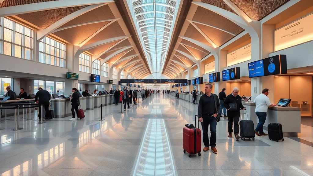 Las Vegas airport terminal with modern architecture and travelers checking in at counters with luggage
