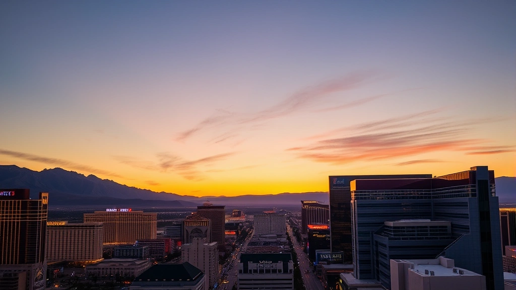 Sunset over Las Vegas Strip with mountain backdrop and modern casino resorts illuminated at dusk