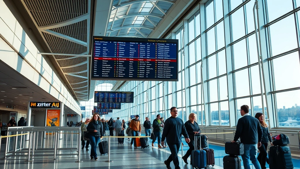 Professional travel photographer capturing Pittsburgh International Airport terminal with modern architecture, departure boards, and travelers with luggage, bright natural lighting through large windows, no visible text or signs