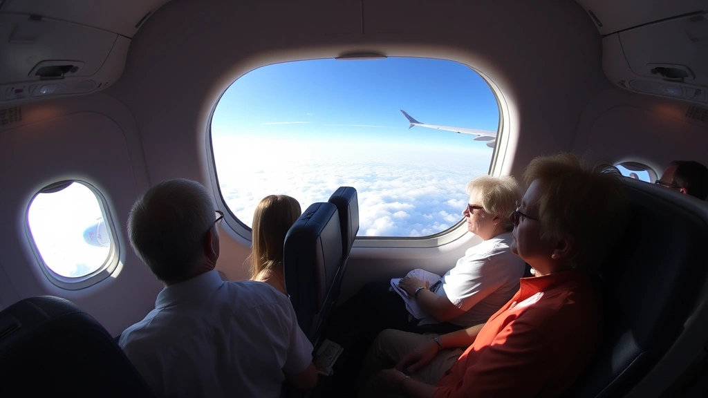 Wide-angle view of aircraft cabin interior during flight with passengers relaxed in seats, window showing clouds and sky below, natural cabin lighting, no close-ups of faces or identifying details