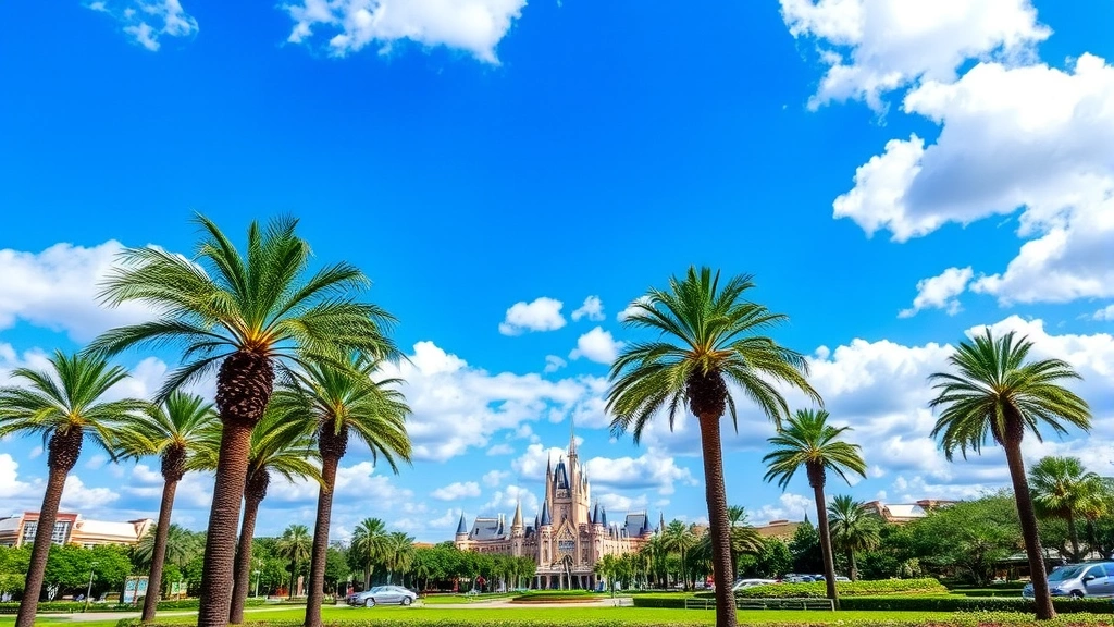 Scenic Orlando destination landscape featuring palm trees, blue skies, and theme park architecture in distance, vibrant daylight, travel-ready atmosphere, no recognizable logos or text elements