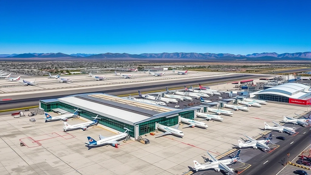 Aerial view of Reno-Tahoe International Airport terminal with aircraft parked at gates, modern airport infrastructure, clear blue Nevada sky, daytime photography