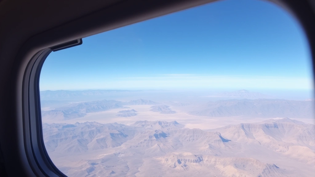 Interior cabin view of narrow-body aircraft flying over Nevada desert landscape, window seat perspective showing mountains and valleys below, natural daylight through airplane windows