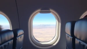 Commercial aircraft interior cabin view during daytime flight with passengers seated, window showing desert landscape below with mountain ranges