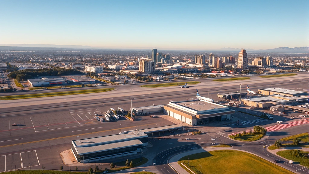 Aerial view of Sacramento International Airport with California capital cityscape in background, morning light, modern terminal buildings visible, professional travel photography