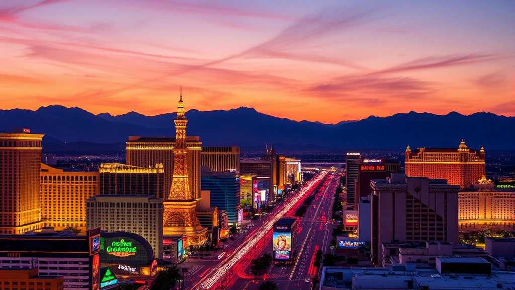 Las Vegas Strip skyline at sunset with mountains in background, featuring iconic hotels and bright casino lights reflecting on streets, vibrant evening atmosphere, professional destination photography