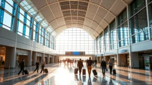 Sacramento International Airport terminal interior with modern architecture, travelers walking with luggage, natural daylight streaming through windows, contemporary airport design